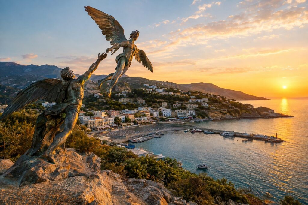 Standbeelden van Daedalus en Icarus met uitzicht op de haven van Agia Galini.