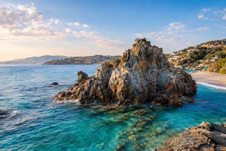 Grillige kalksteenrots naast het strand van Psaromoura in Agia Pelagia, omringd door turquoise zeewater