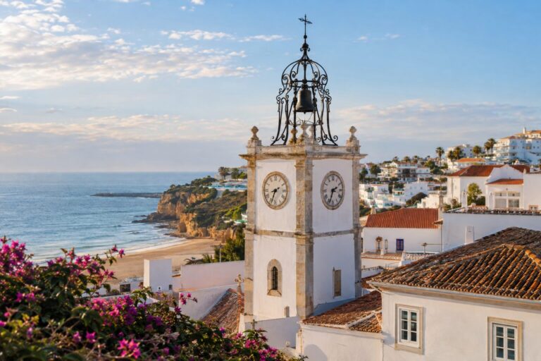 De Torre do Relógio in Albufeira, met smeedijzeren klokkroon boven de oude binnenstad.
