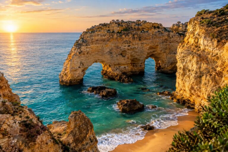 Dubbele rotsboog bij Praia da Marinha in de Algarve, boven turquoise Atlantisch water