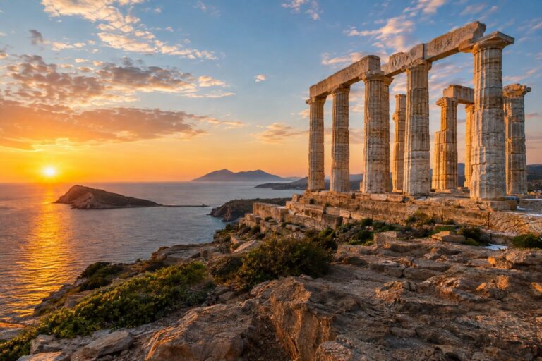 Witmarmeren zuilen van de Poseidontempel op Kaap Sounion boven de Egeïsche Zee