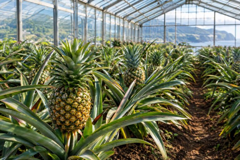 Rijpende ananassen in een traditionele glazen serre bij plantage Arruda op São Miguel