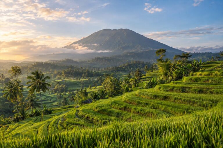 Groene rijstterrassen van Jatiluwih op Bali met de berg Batukaru op de achtergrond
