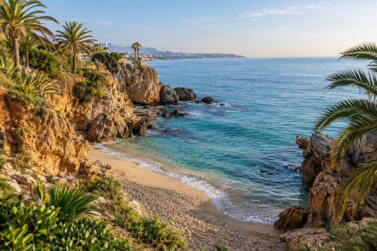 De verlaten baai Playa de la Viborilla in Benalmádena, omringd door rotsen en palmbomen