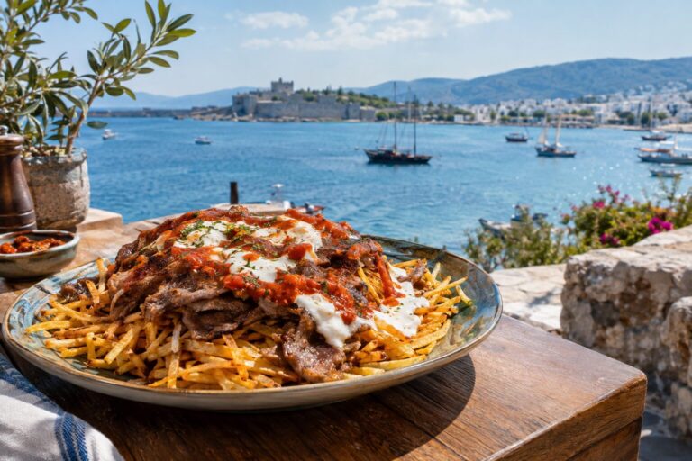 Çökertme kebab uit Bodrum met krokante aardappeltjes, rundvlees, knoflookyoghurt en tomatensaus.