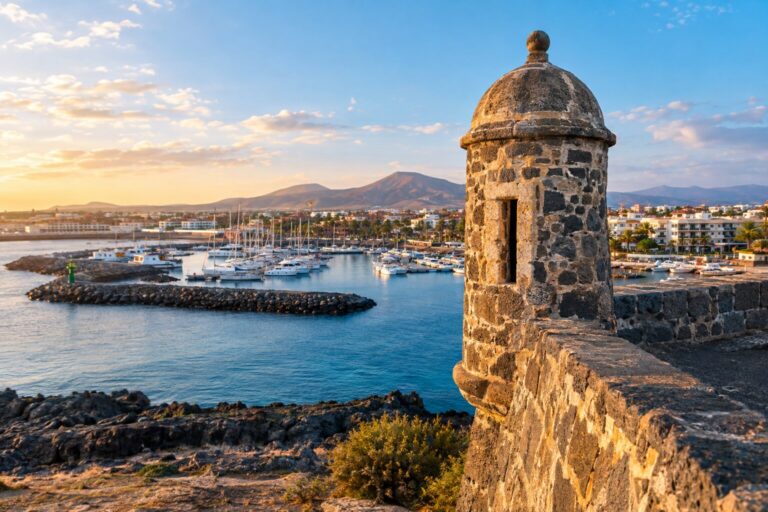 De ronde stenen wachttoren Castillo de San Buenaventura aan de haven van Caleta de Fuste.