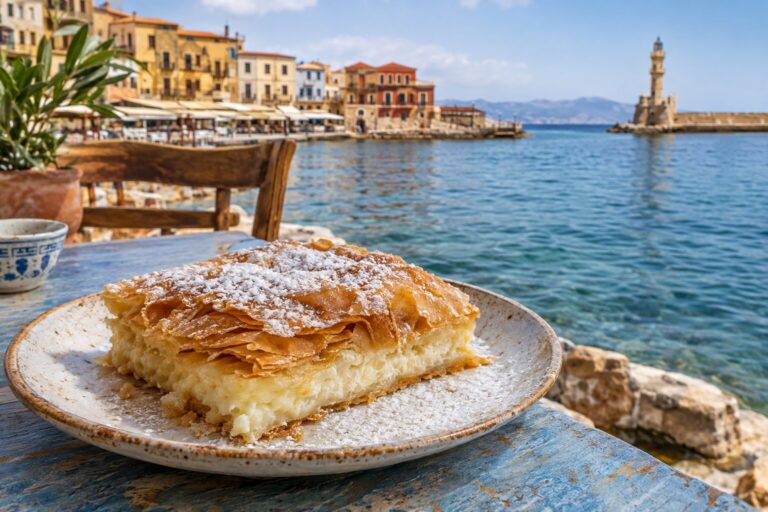 Bougatsa uit Chania met mizithrakaas en suiker op een keramisch bord.