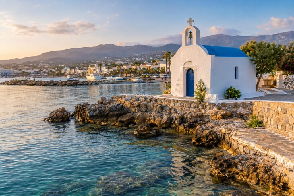 De witte Agia Paraskevi-kapel naast de oude haven van Chersonissos