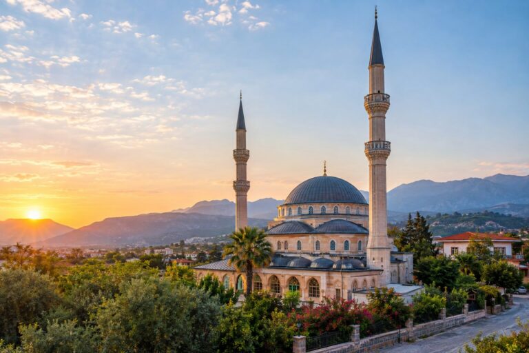 Koepel en minaretten van de centrale moskee in Çolaklı in zacht ochtendlicht