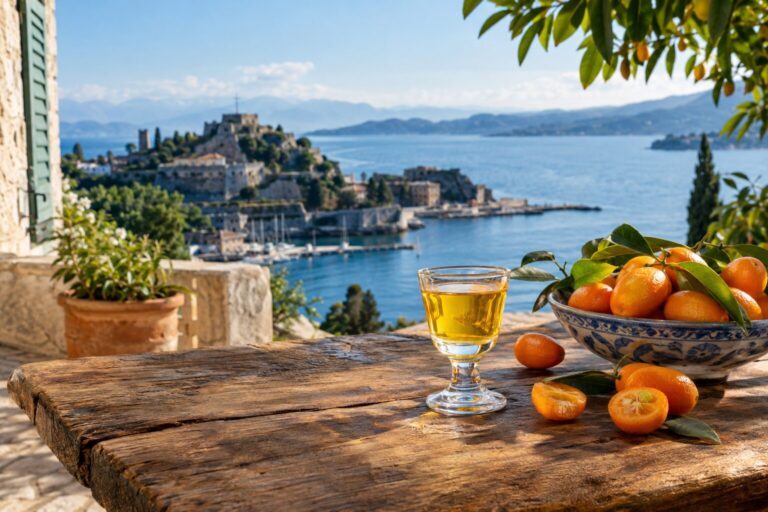 Oranje kumquatlikeur uit Corfu in een glaasje naast verse kumquats op een houten tafel