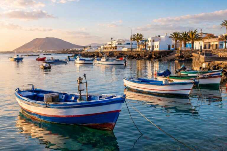Kleurrijke houten vissersboten aangemeerd in de oude haven van Corralejo