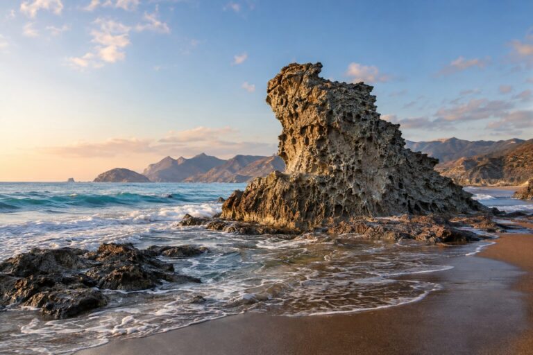 De vulkanische Peineta-rots op het zandstrand van Mónsul aan de Costa Almería