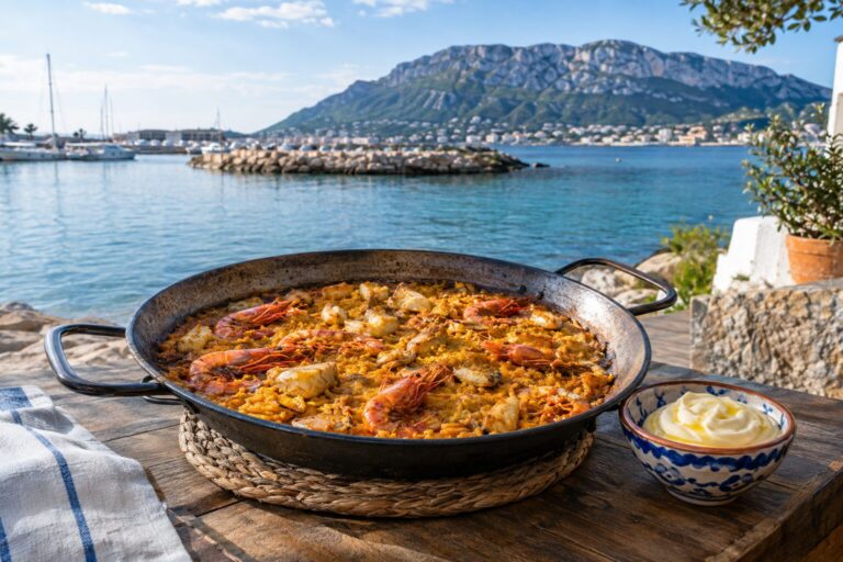 Arroz a banda in een paellapan met een schaaltje alioli in Dénia.