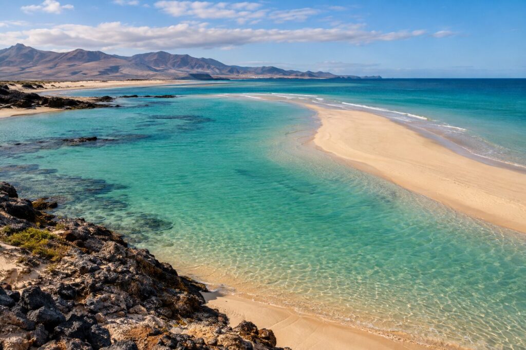Turquoise getijdenlagune en uitgestrekte zandbank bij Playa de la Barca nabij Costa Calma