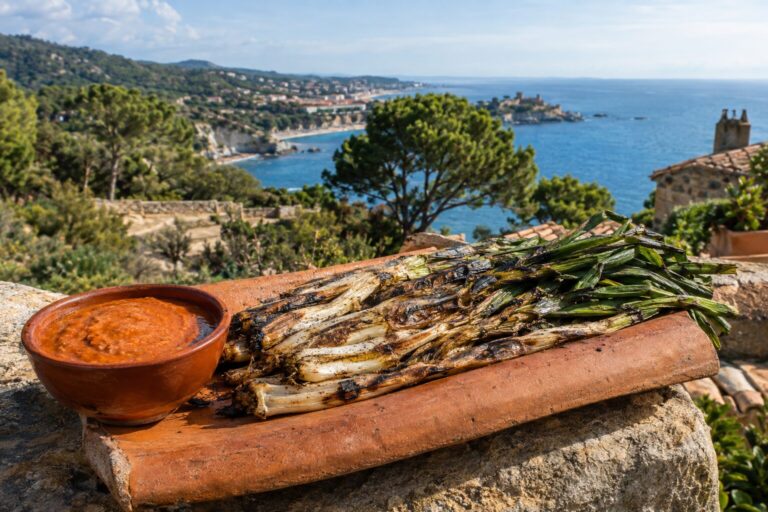 Gegrilde calçots uit Valls op een terracotta dakpan, met een schaaltje salvitxada.