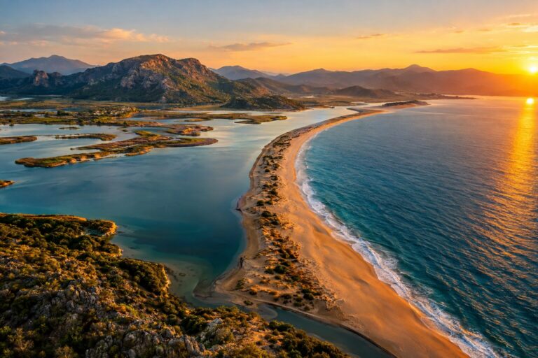 De gebogen zandstrook van het İztuzu-strand tussen de Dalyan-delta en de Middellandse Zee.