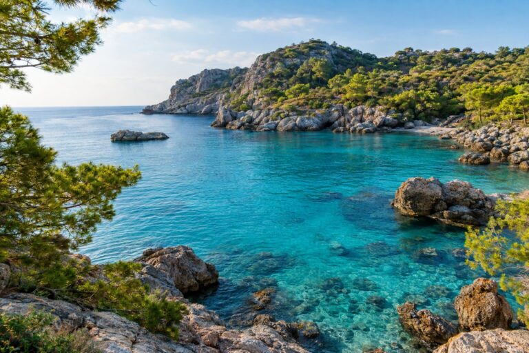 Turquoise water en rotsachtige oevers met dennen bij Anthony Quinn Bay nabij Faliraki