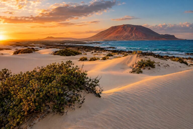 Witte zandduinen van natuurpark Corralejo met de vulkanische Montaña Roja op de achtergrond.