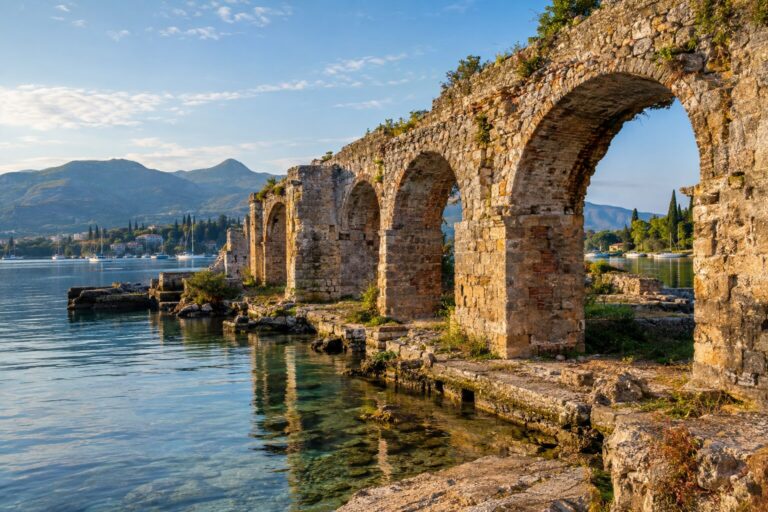 Stenen bogen van de Venetiaanse scheepswerf aan de baai van Gouvia op Corfu