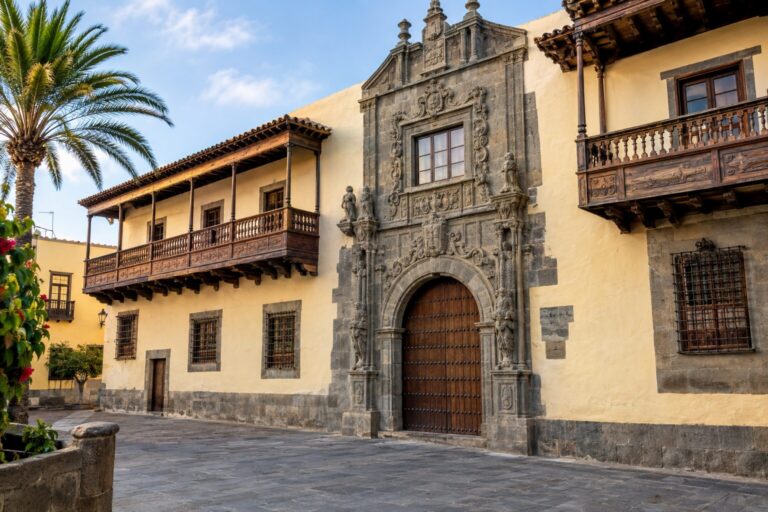 Sierlijke stenen ingang en houten balkons van Casa de Colón in Las Palmas.