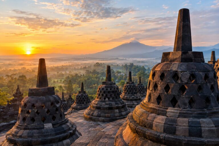 Klokvormige stoepa’s op de bovenste terrassen van de Borobudur-tempel op Java