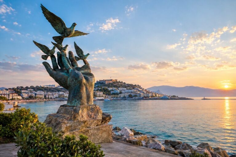 Vredeshand met duivenbeelden aan de boulevard van Kuşadası.