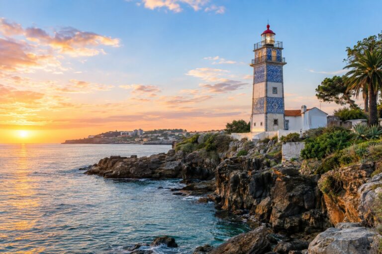 Blauw-wit betegelde toren van de vuurtoren Santa Marta in Cascais