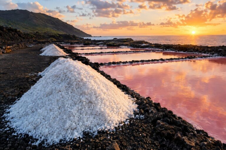 Witte zoutbergen naast roze zoutbassins op zwarte vulkaangrond bij Salinas de Fuencaliente, La Palma