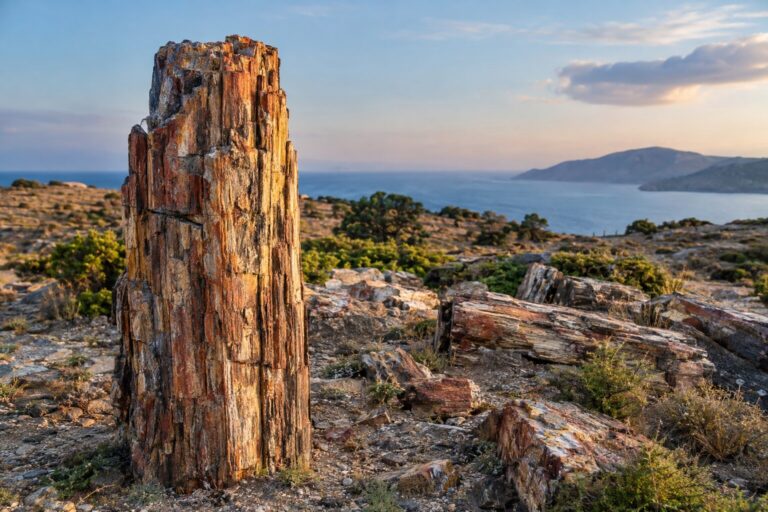 Rechtopstaande versteende boomstam in het versteende bos bij Sigri op Lesbos.
