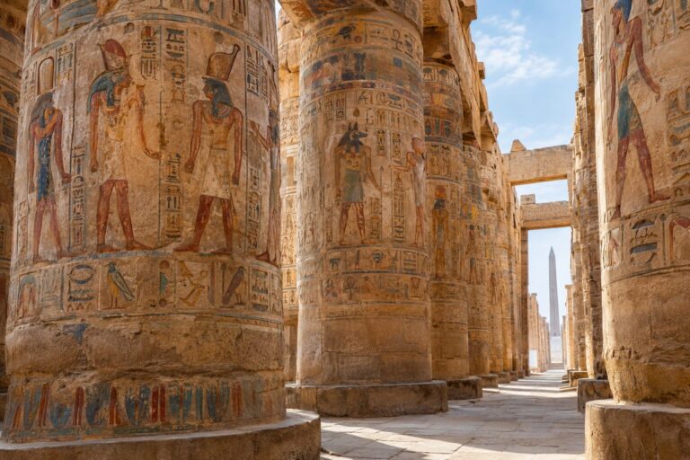 Beschilderde hiërogliefen op de imposante zuilen van de Grote Zuilenhal in de Karnaktempel bij Luxor.