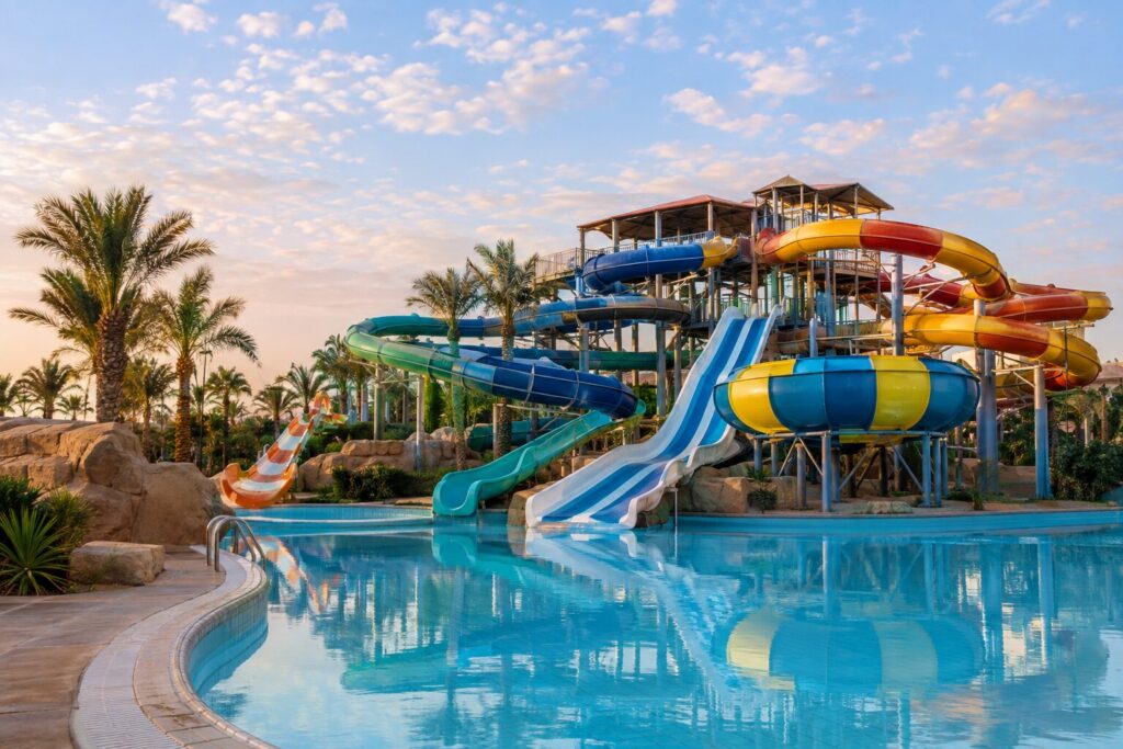 Kleurrijke kronkelglijbanen en lege zwembaden van Makadi Water World in Makadi Bay