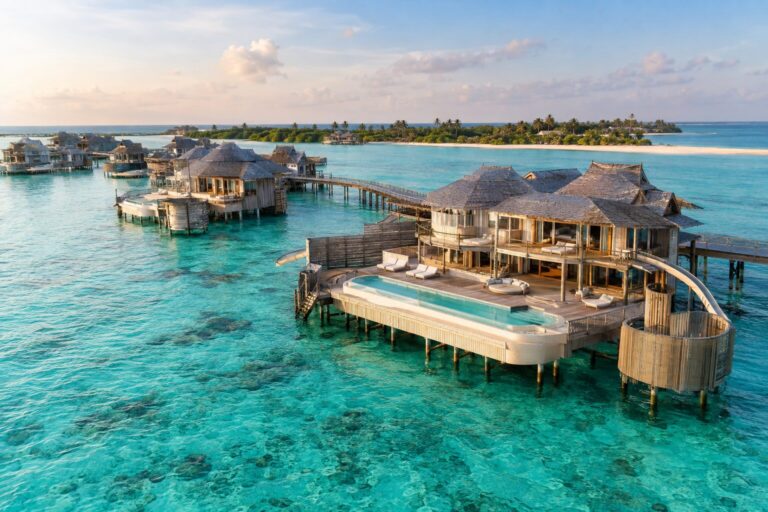 Watervilla’s van Soneva Jani boven de turquoise lagune van Medhufaru op de Malediven