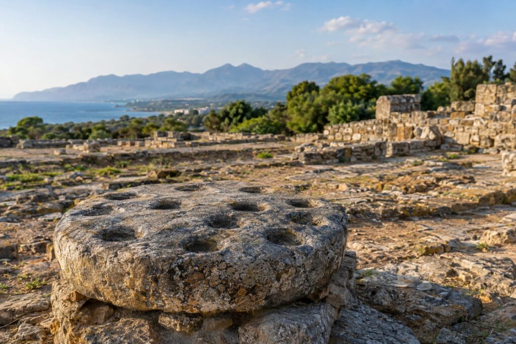 Ronde Minoïsche offersteen met komvormige uithollingen bij het paleis van Malia.
