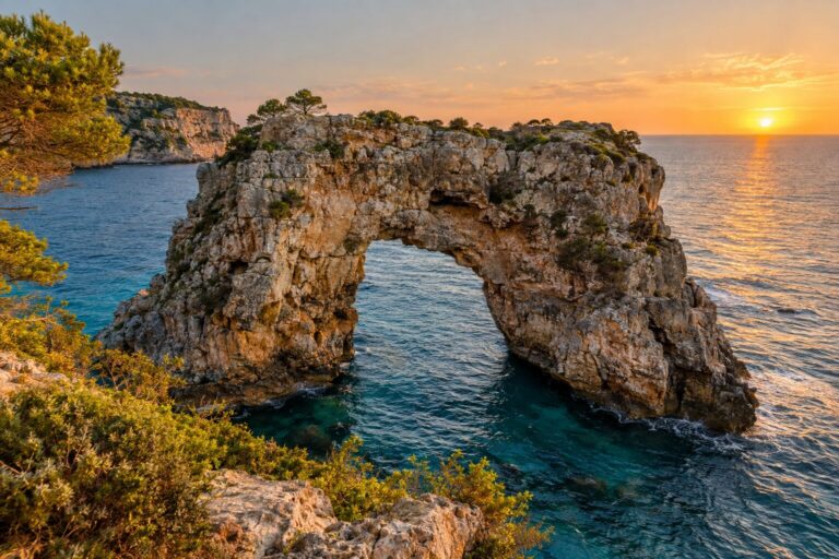 De natuurlijke kalkstenen zeeboog Es Pontàs bij Cala Santanyí op Mallorca