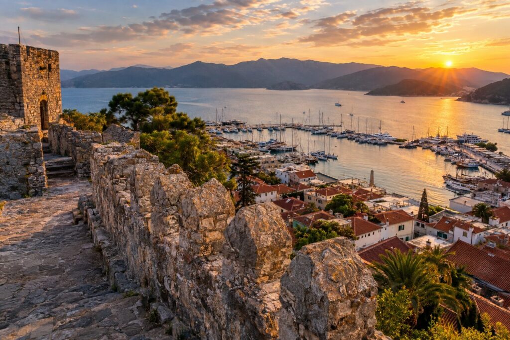 Stenen kantelen van het kasteel van Marmaris met uitzicht op de oude stad en jachthaven