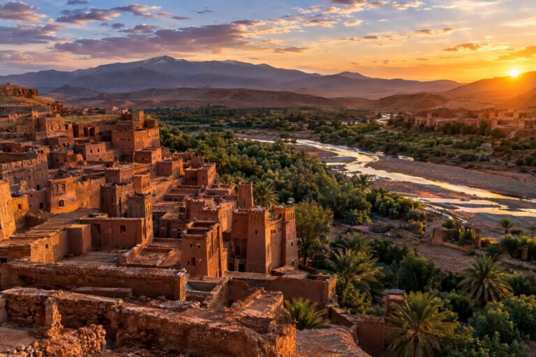De lemen vesting van Aït-Ben-Haddou boven de Ounila-vallei in warm avondlicht