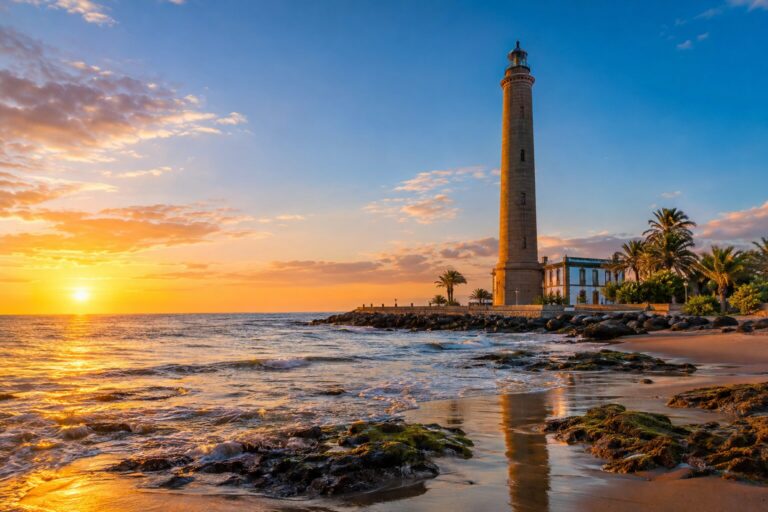 De stenen vuurtoren van Maspalomas aan de zuidkust van Gran Canaria.