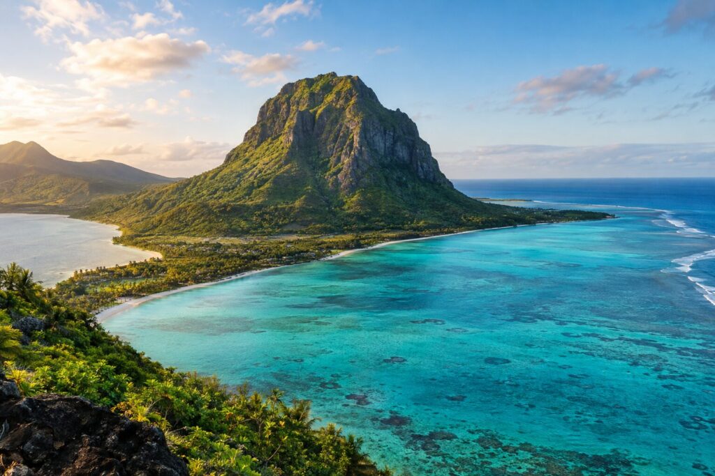 De berg Le Morne Brabant boven de turquoise lagune aan de zuidwestkust van Mauritius