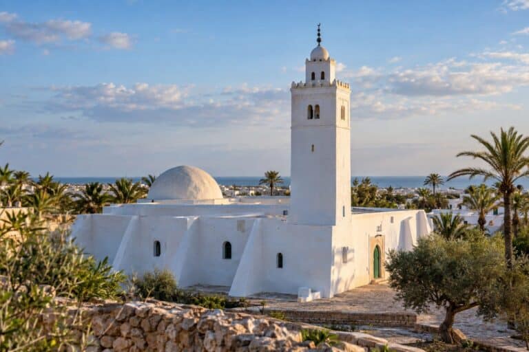 Witte Fadhloun-moskee bij Midoun op Djerba, met vierkante minaret en steunberen.