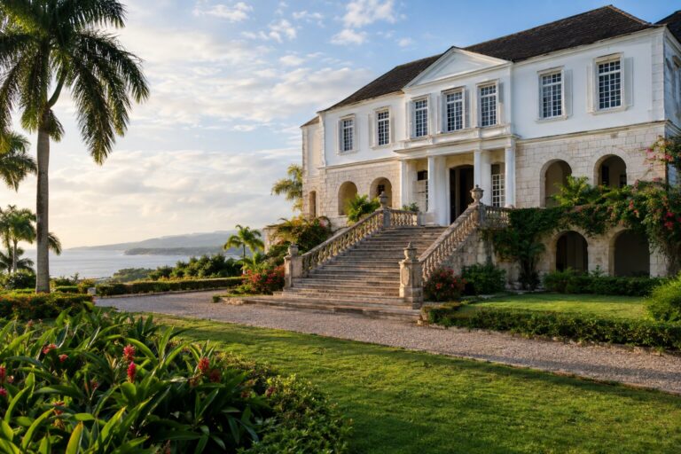 Witte gevel en brede stenen trap van Rose Hall Great House bij Montego Bay