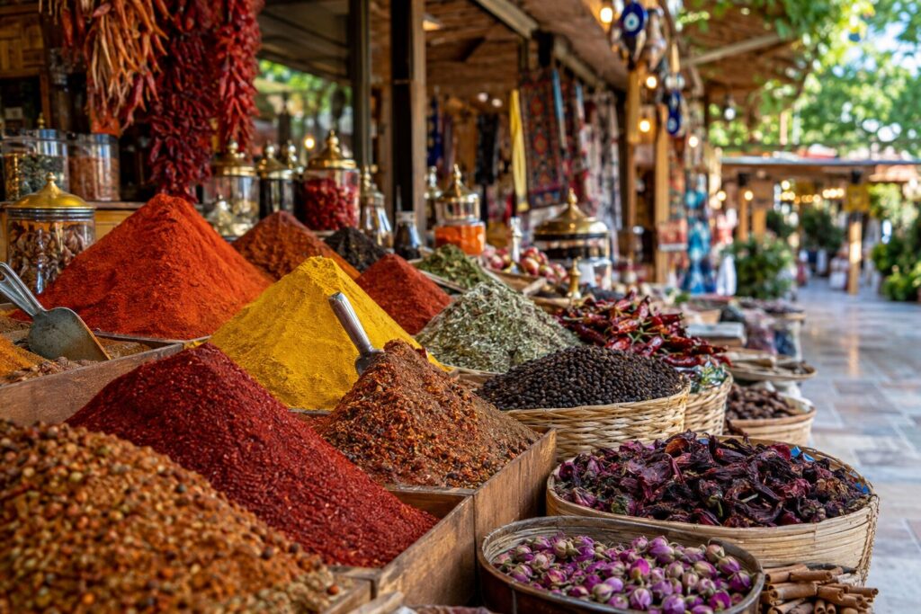 Kleurrijke kruiden op een onbemande kraam in de Alara Grand Bazaar van Okurcalar.