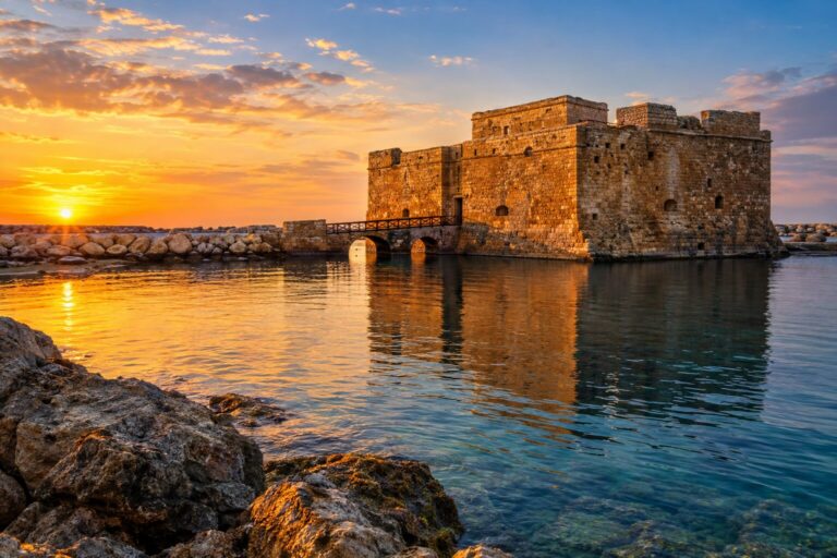 Middeleeuws kasteel van Paphos met stenen muren weerspiegeld in het havenwater