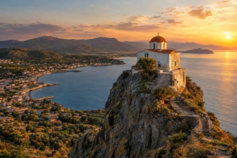 De Panagia Glykofilousa-kerk op een steile vulkanische rots in Petra op Lesbos