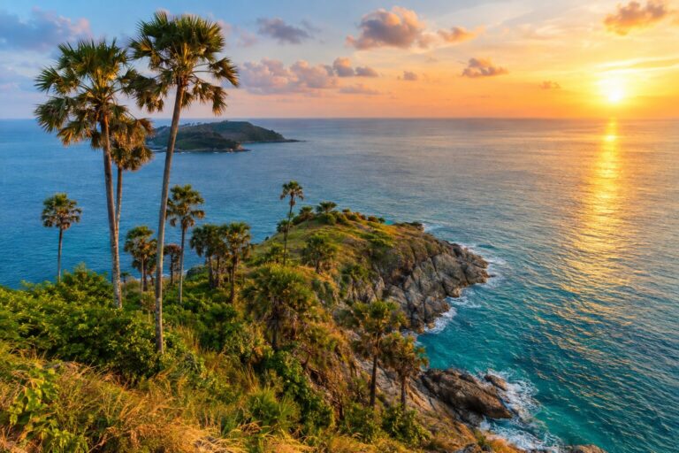 Rotsachtige kaap Promthep op Phuket met palmbomen boven de turquoise Andamanse Zee