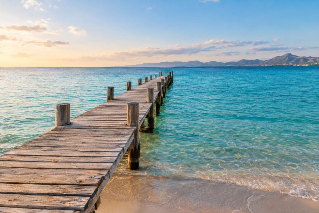 Lange houten steiger boven turquoise zeewater aan het strand van Playa de Muro