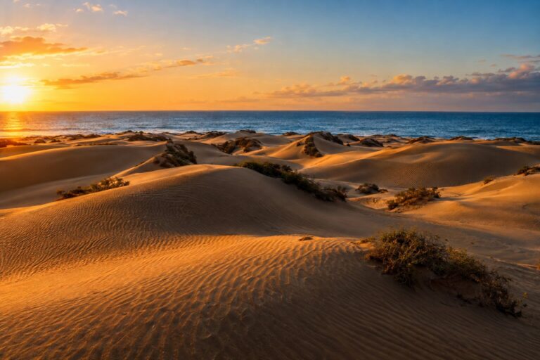 Gouden zandduinen bij Playa del Inglés met de Atlantische Oceaan op de achtergrond.