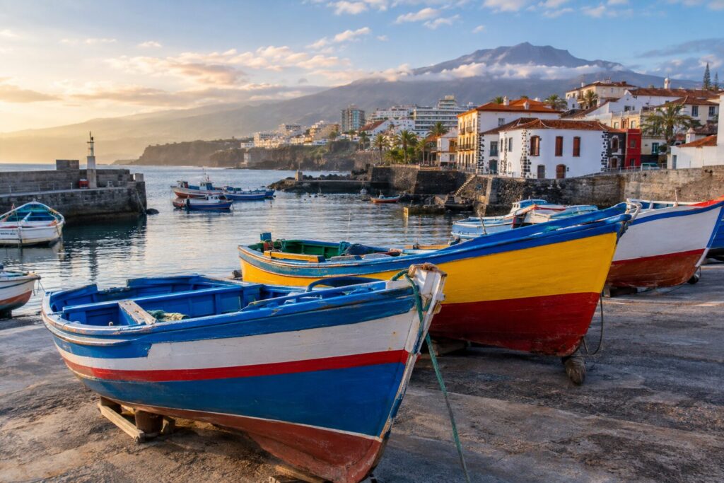 Kleurrijke houten vissersboten op de kade van de oude vissershaven van Puerto de la Cruz