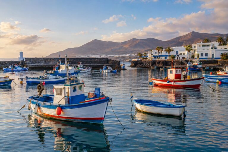Kleurrijke vissersboten in de oude haven Puerto de la Tiñosa in Puerto del Carmen
