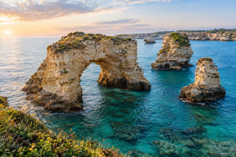 Kalkstenen zeestapels en natuurlijke rotsboog bij Torre Sant’Andrea aan de Adriatische kust van Puglia.