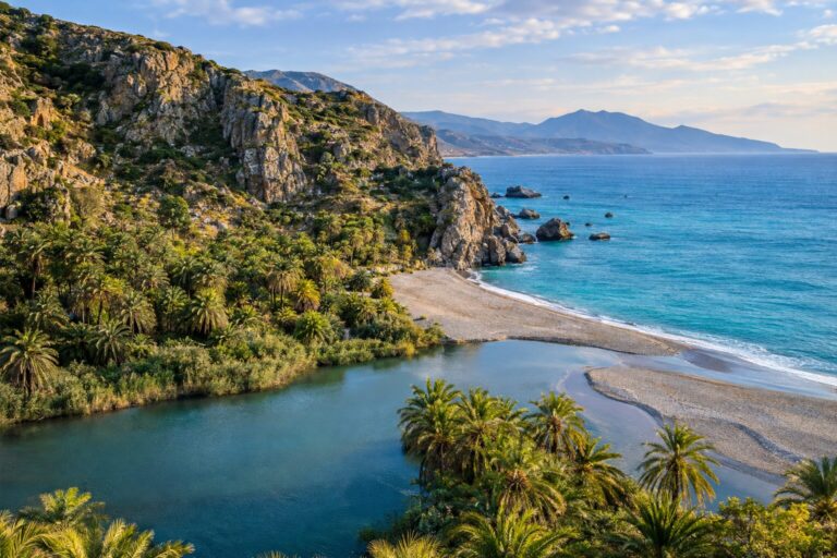 Palmbomen langs de riviermonding op het strand van Preveli aan de Libische Zee.